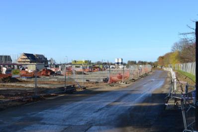 Looking across the north side of the site with construction work underway near Waitrose, Trumpington Meadows. Photo: Andrew Roberts, 18 November 2012.