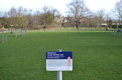 Sign on Anstey Hall Play Area, Consort Avenue, Trumpington Meadows. Photo: Andrew Roberts, 26 February 2017.