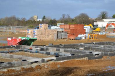 Initial construction work on Trumpington Meadows, with the church and Waitrose in the distant background. Photo: Andrew Roberts, 22 January 2012.