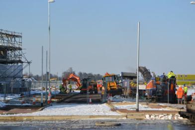 Construction work on the road junction into Trumpington Meadows. Photo: Andrew Roberts, 8 February 2012.