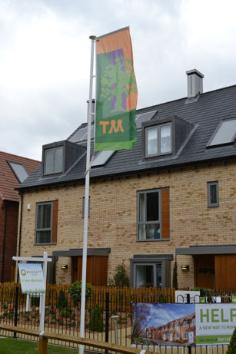 A newly-designed Trumpington Meadows flag, part of the public art project presented at an event on 11 May 2013. Photo: Andrew Roberts.