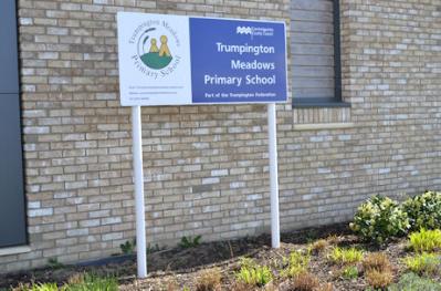 Sign at the entrance to Trumpington Meadows Primary School, 11 April 2015.