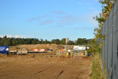 View towards the church from the construction site for Trumpington Meadows school. Photo: Andrew Roberts, 13 October 2012.