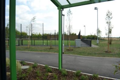 Looking onto the multiuse games area, Trumpington Meadows school. Photo: Andrew Roberts, 10 July 2013.